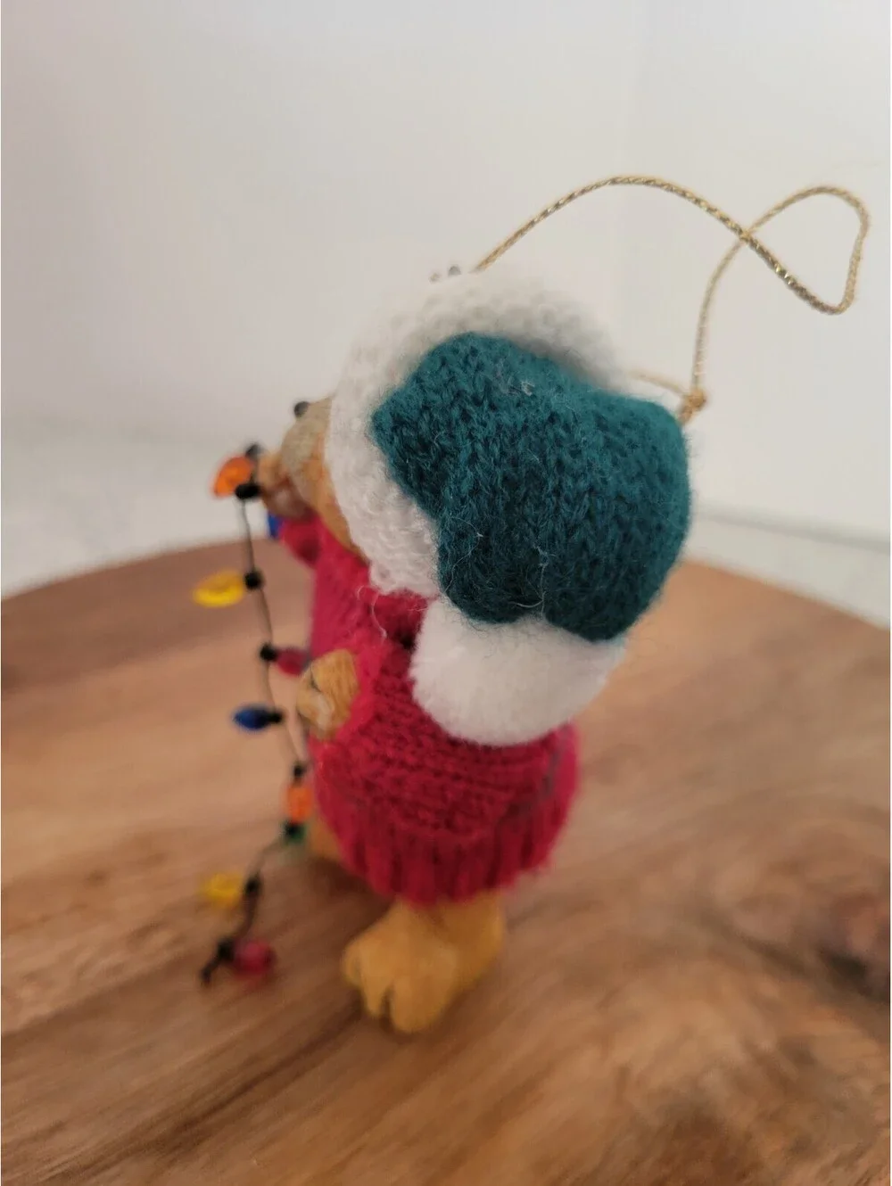 Vintage Teddy Bear Ornament Knit Sweater Christmas Tree String of Lights Xmas